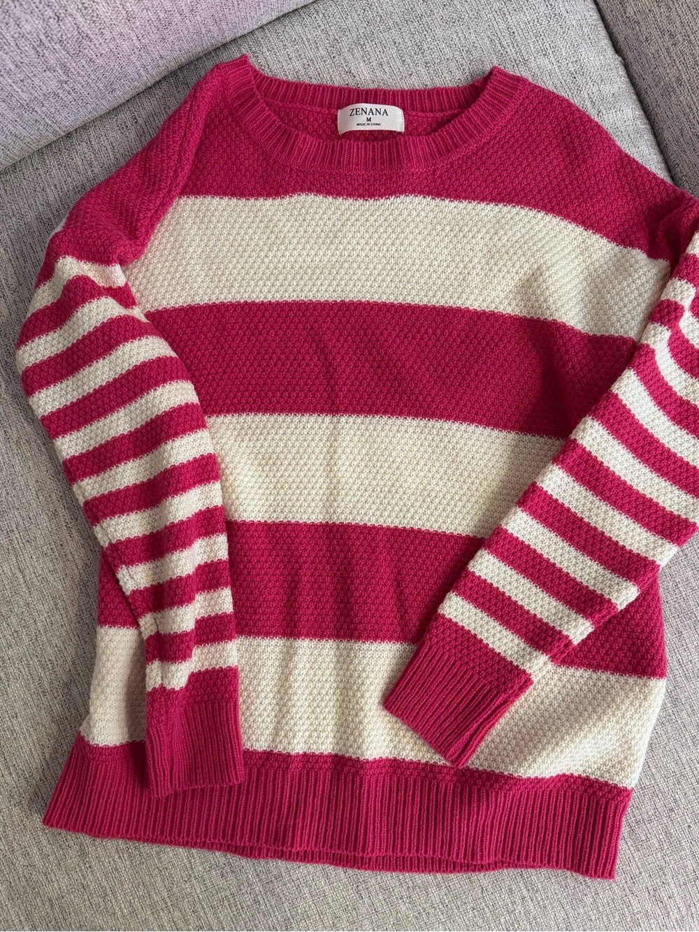 Zenana Outfitters Hot Pink and Cream Striped Crewneck Sweater